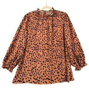 Boutique Leopard Print Ruffle Collar Cuff Long Sleeve Keyhole Blouse Extra Large